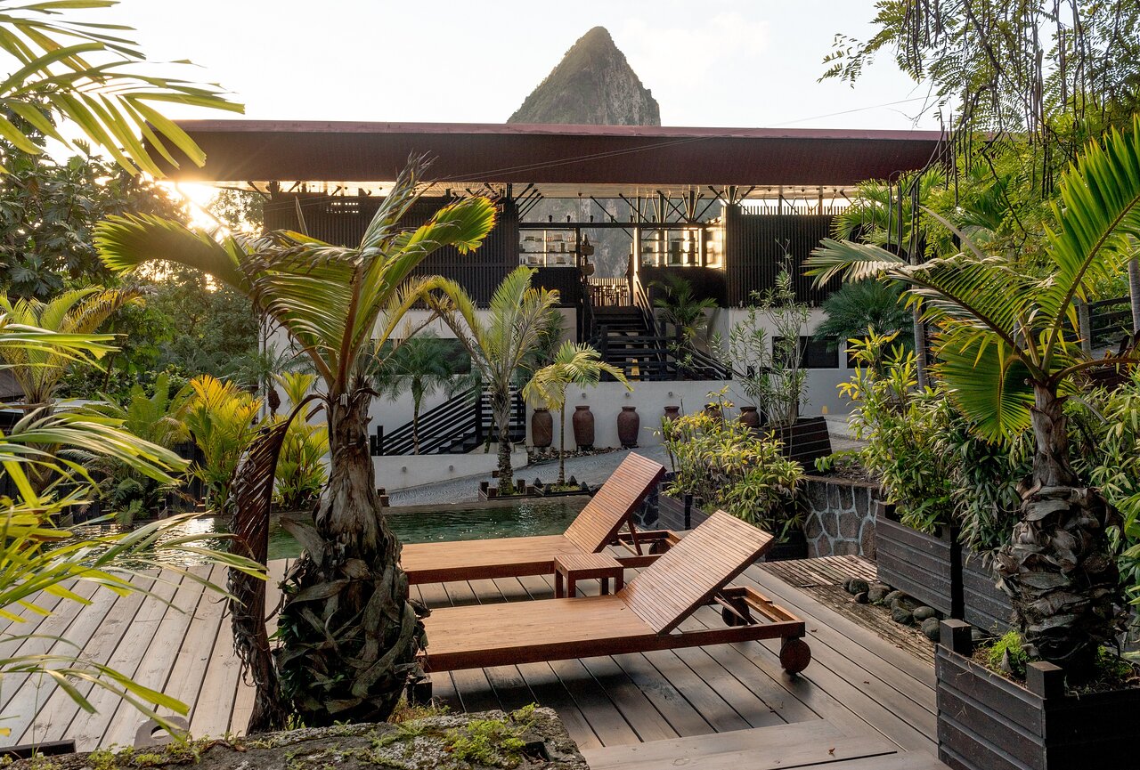 Garden courtyard at sunset.