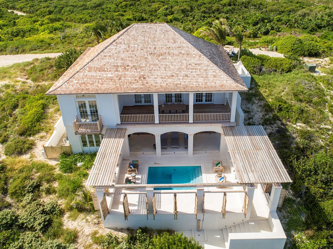 Aerial View of 3 Bedroom Villa overlooking Columbus Beach on Ambergris Cay, Turks and Caicos