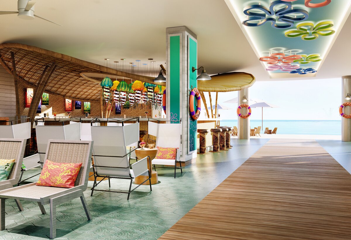 Bikini Bottom Bat™ & Gourmet Corner at Nickelodeon Hotel & Resorts - Riviera Maya offers a laid back, ocean view experience worthy of SpongeBob's hometown. Sit inside and enjoy a bite under the colorful glow of jellyfish lamps, or sip on a signature drink outside on our patio overlooking the Caribbean Sea.