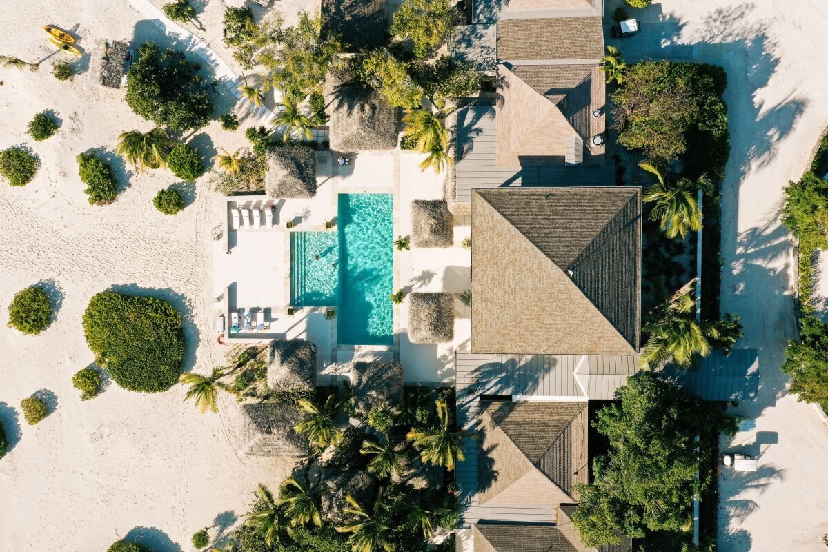 Pine Cay pool and restaurant aerial view